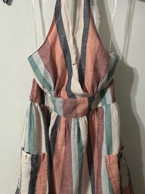 Striped Linen American Eagle Halter Dress in Coral, Teal & Cream